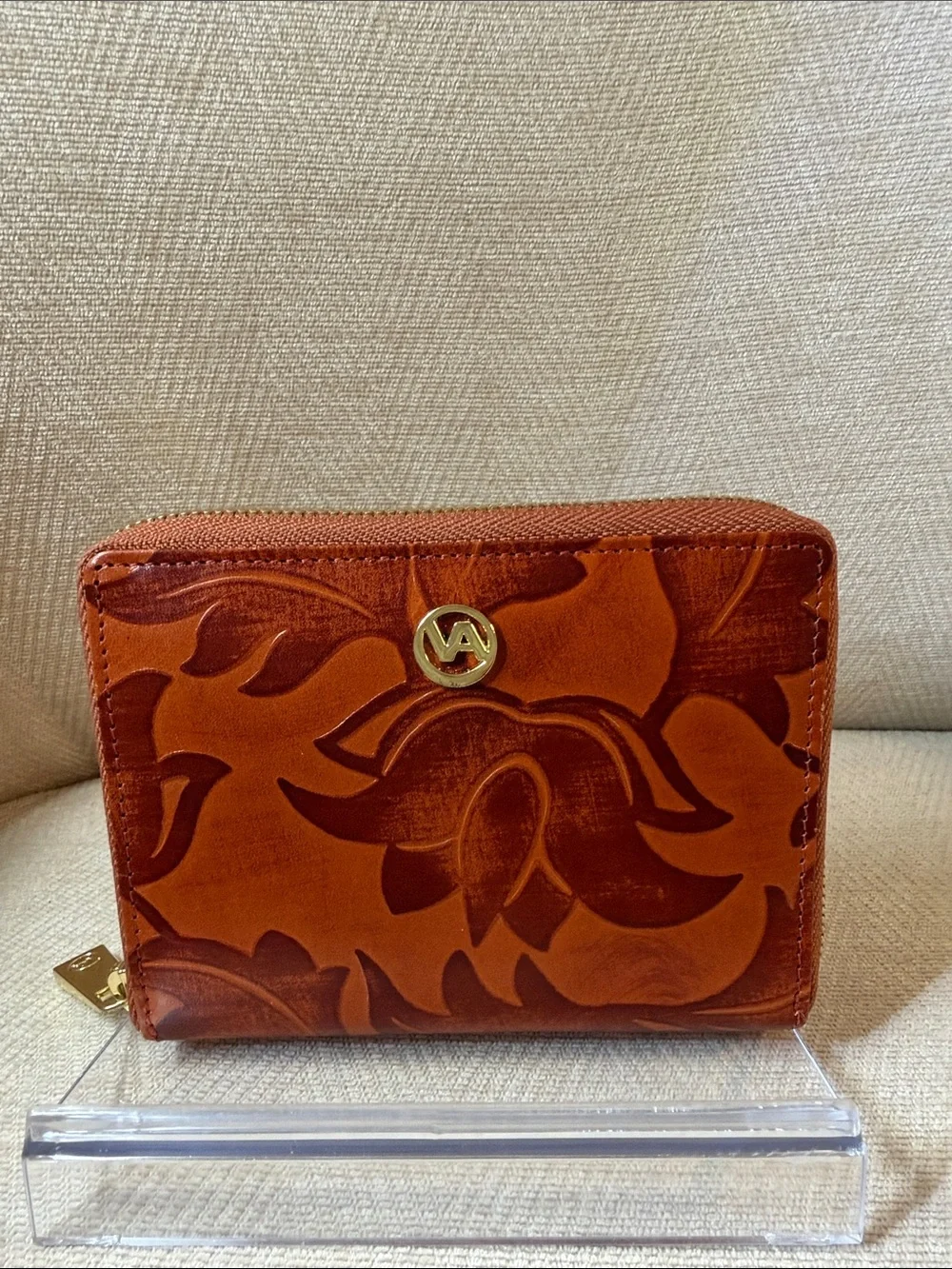 Valentina Compact Embossed Zip Wallet in Rust Tan with Gold Hardware